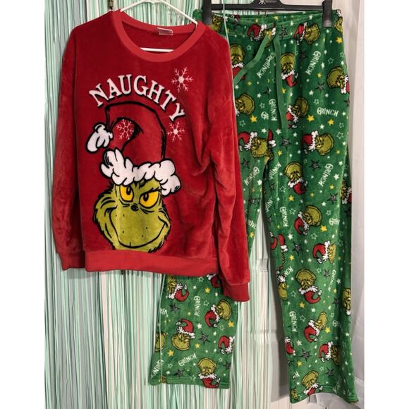 Unisex Grinch Pajama Set, “Naughty” Red Sweatshirt, Green Pants, Large - Picture 1 of 7